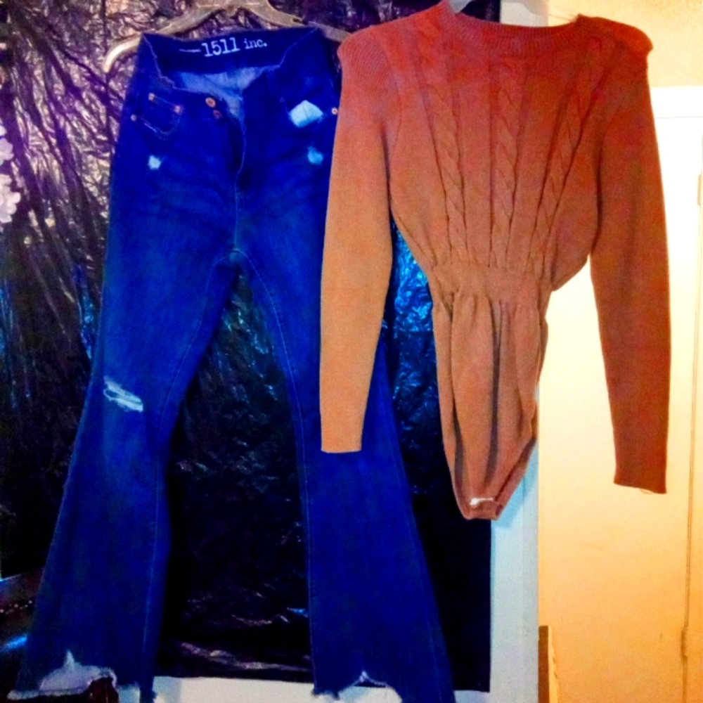 1511 inc flare jeans and tan sweater
